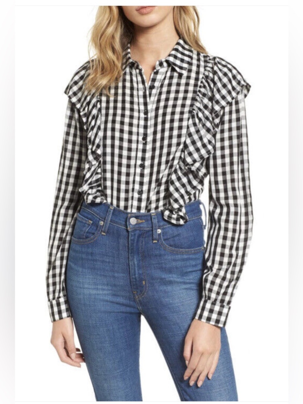 New Love, Fire plaid black/white ruffled long sleeve